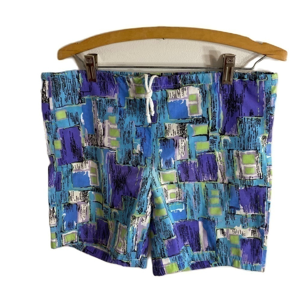 Vintage Windcrest Shorts Medium 1980s Purple Green Abstract Print Colorful Retro